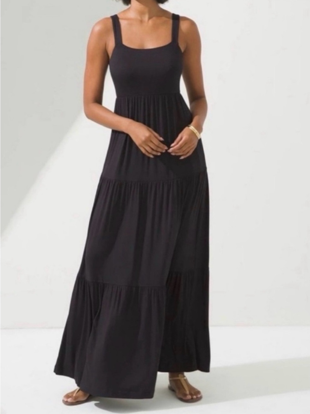 Black Tiered Maxi Dress with Square Neck